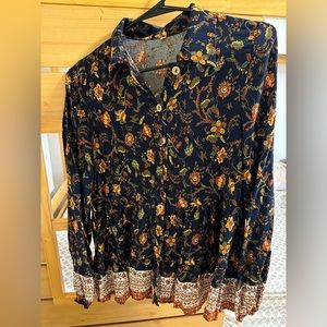KAYWIDE Women's Casual V Neck Top Loose Floral Printed Long Sleeve Beach Blouse